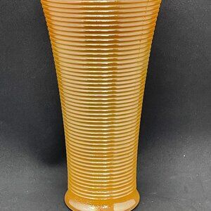 Vtg. mcm FIRE KING Peach Luster Vase ~ Ribbed w/ Scalloped Edge - 7¼" Tall